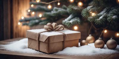 The primary subject of the image is a brown box with a bow on top, placed on a wooden table. The setting is a snowy environment, with a Christmas tree in the background. The visual style is a photo, and the colors and mood are predominantly brown and white, giving the scene a warm and festive atmosphere.
